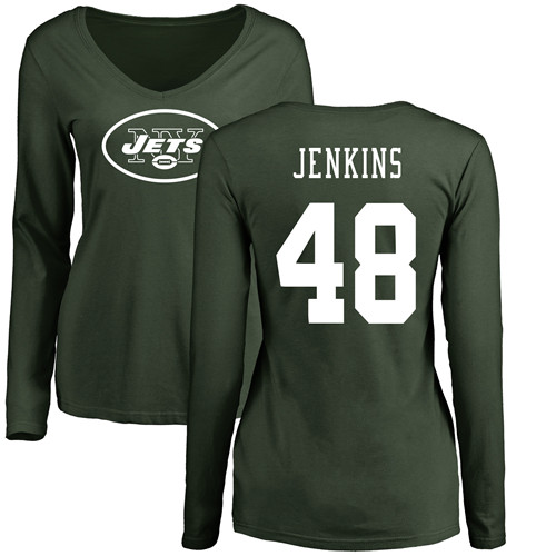 New York Jets Green Women Jordan Jenkins Name and Number Logo NFL Football #48 Long Sleeve T Shirt->nfl t-shirts->Sports Accessory